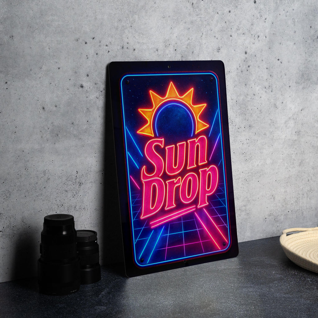 Vintage 1980s Neon Sundrop Metal Sign – Retro Cosmic Grid, Electric Blue & Hot Pink, Geometric Wall Art, Rust Patina Decor — photo 3