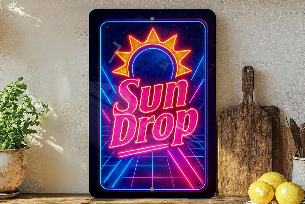 Vintage 1980s Neon Sundrop Metal Sign – Retro Cosmic Grid, Electric Blue & Hot Pink, Geometric Wall Art, Rust Patina Decor — photo 4