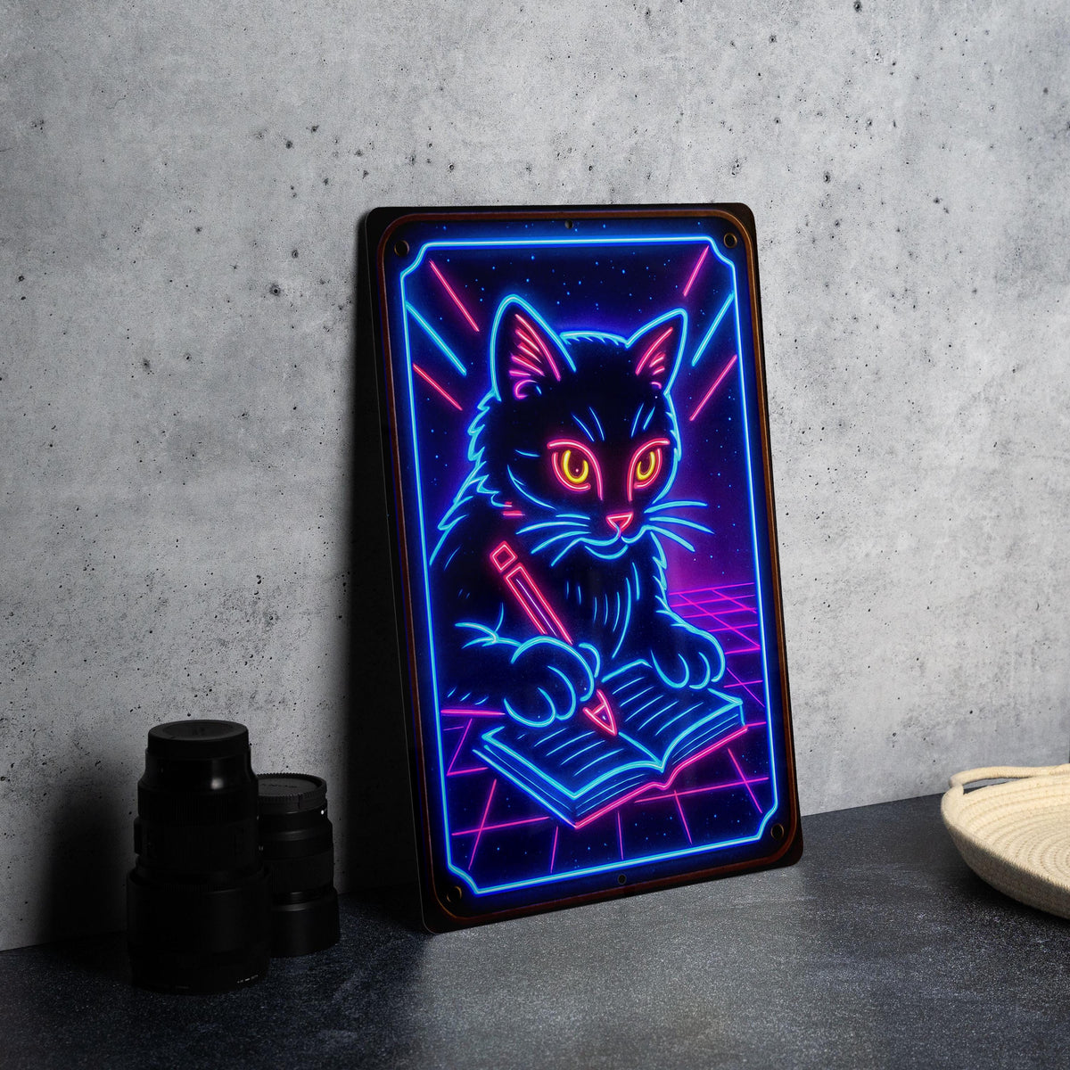 1980s Neon Writing Cat Metal Sign – Retro Cosmic Grid Wall Art, Electric Blue & Pink, Vintage Patina Tin Decor — photo 2