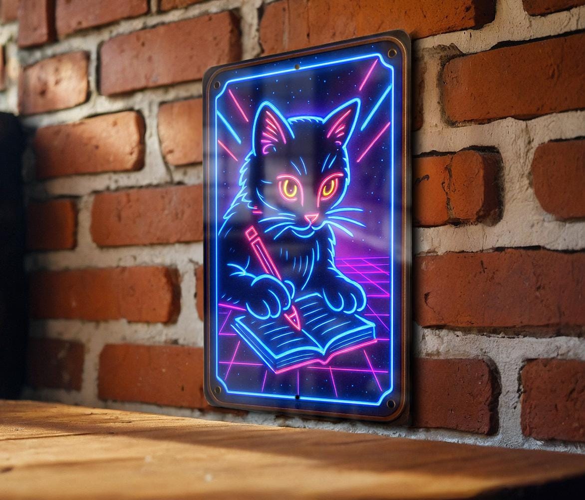 1980s Neon Writing Cat Metal Sign – Retro Cosmic Grid Wall Art, Electric Blue & Pink, Vintage Patina Tin Decor — photo 3