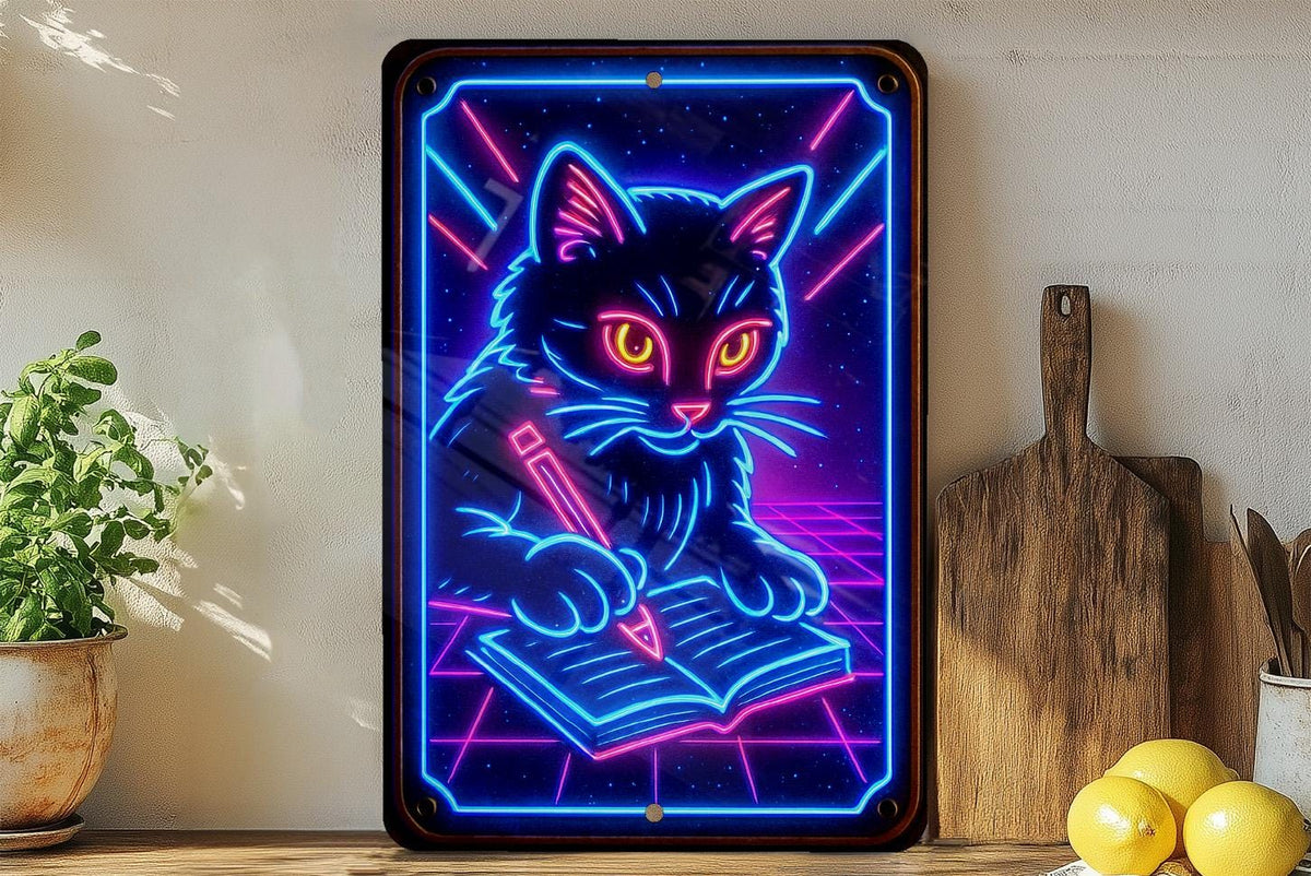1980s Neon Writing Cat Metal Sign – Retro Cosmic Grid Wall Art, Electric Blue & Pink, Vintage Patina Tin Decor — photo 4