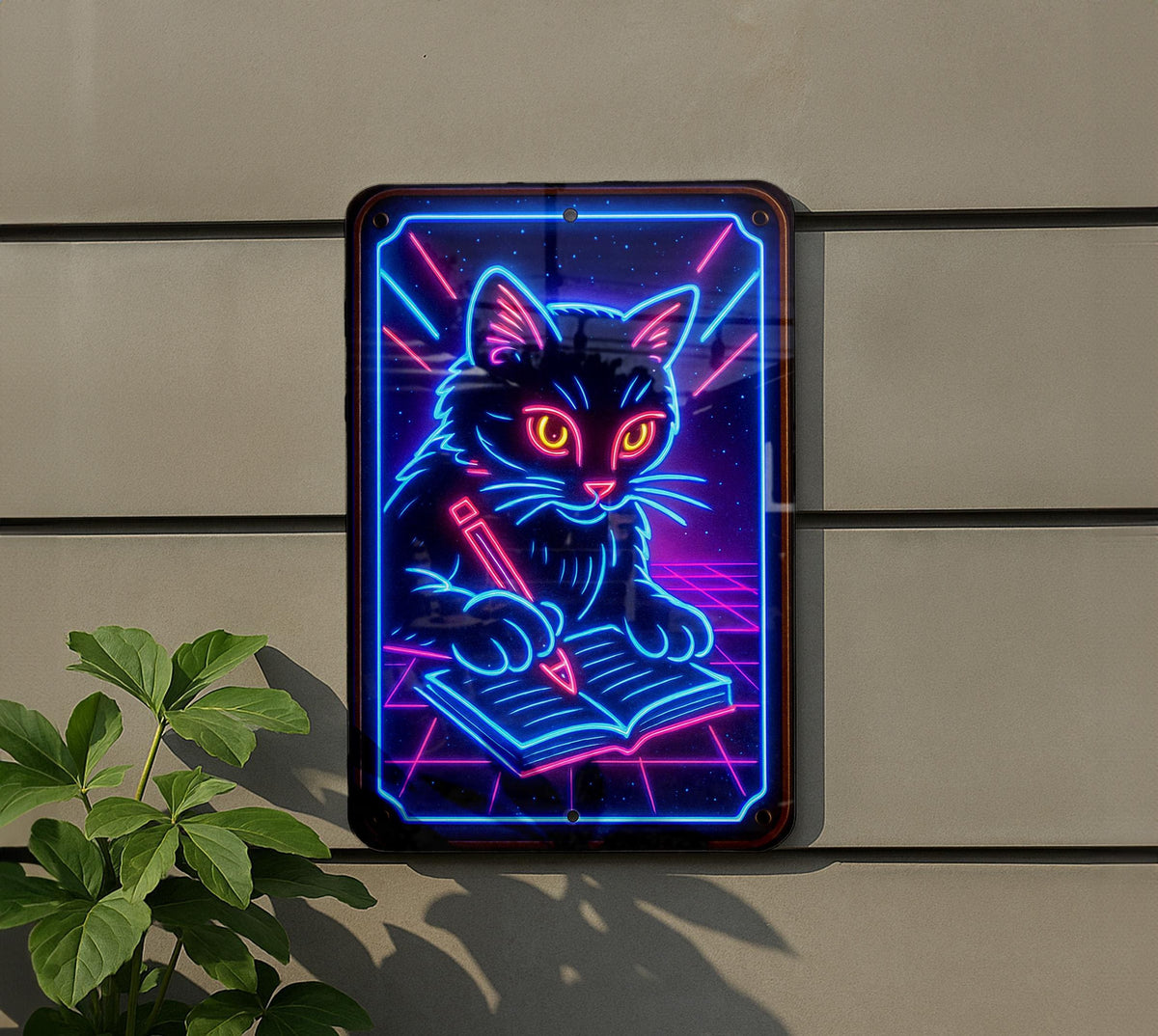 1980s Neon Writing Cat Metal Sign – Retro Cosmic Grid Wall Art, Electric Blue & Pink, Vintage Patina Tin Decor — photo 5