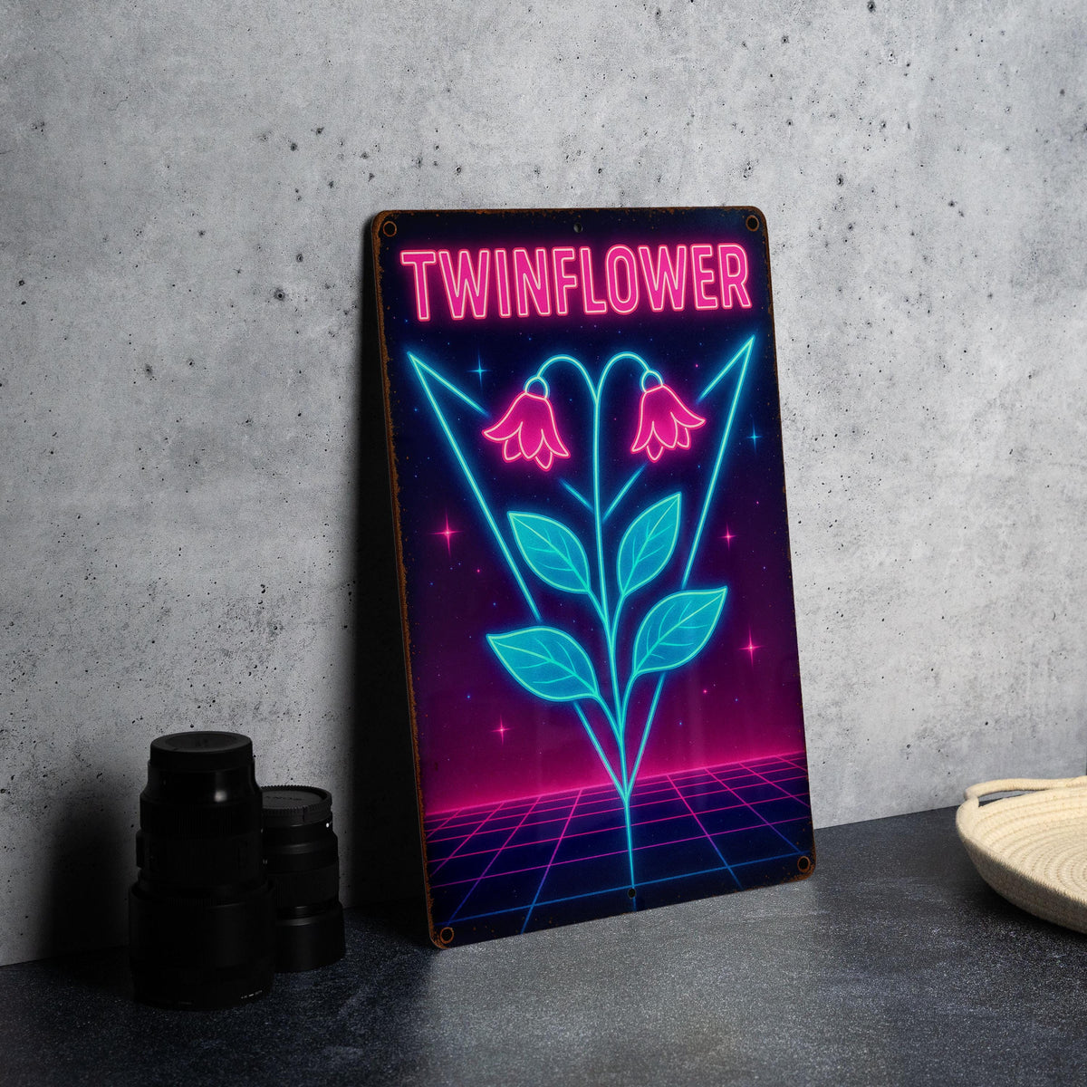 80s Neon Twinflower Metal Sign – Retro Wall Art with Electric Blue, Hot Pink, Geometric Grid & Vintage Patina Decor — photo 1
