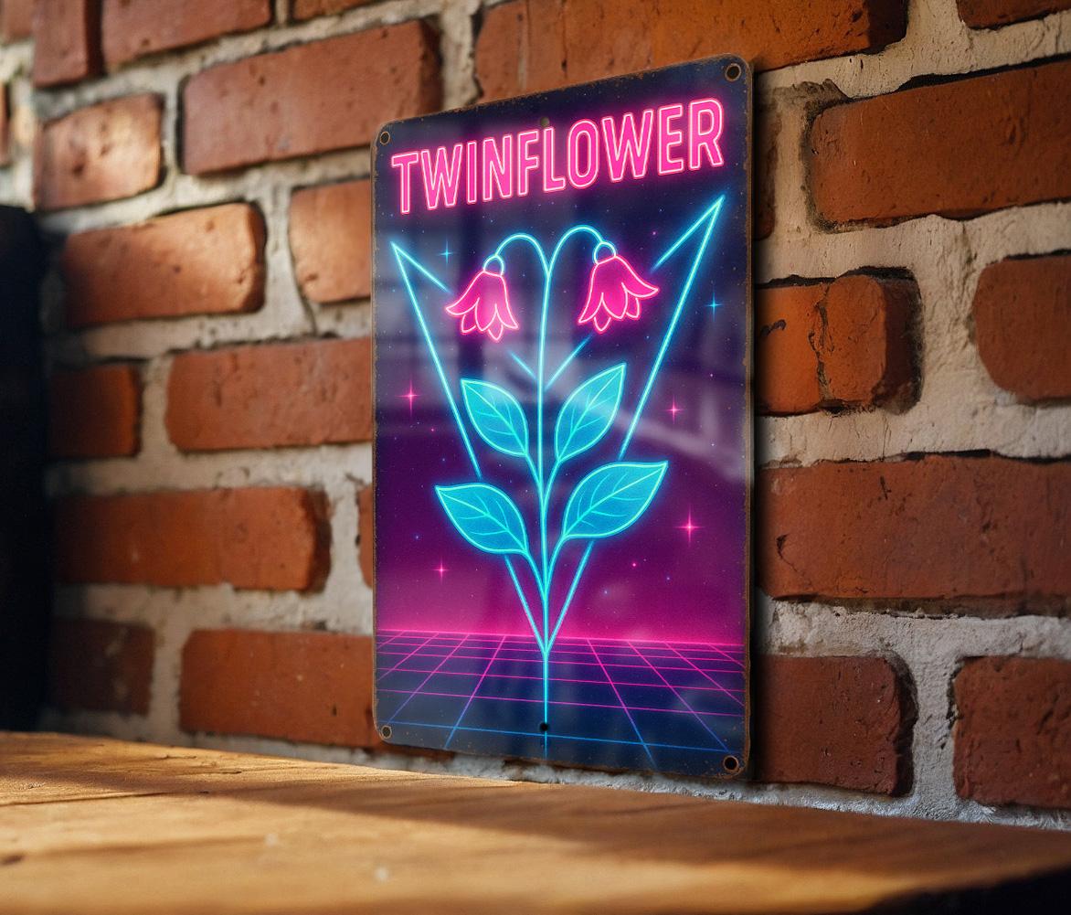 80s Neon Twinflower Metal Sign – Retro Wall Art with Electric Blue, Hot Pink, Geometric Grid & Vintage Patina Decor — photo 2