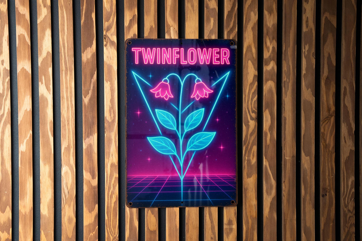 80s Neon Twinflower Metal Sign – Retro Wall Art with Electric Blue, Hot Pink, Geometric Grid & Vintage Patina Decor — photo 3