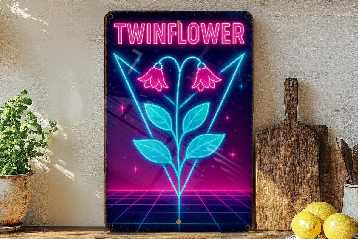 80s Neon Twinflower Metal Sign – Retro Wall Art with Electric Blue, Hot Pink, Geometric Grid & Vintage Patina Decor — photo 4