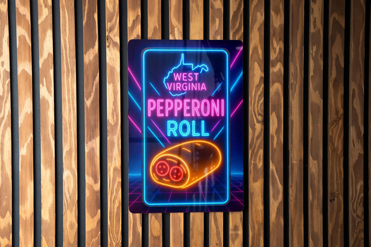 1980s Neon West Virginia Pepperoni Roll Metal Sign – Retro Cosmic Grid, Hot Pink & Blue Wall Decor, Vintage Diner Art — photo 1