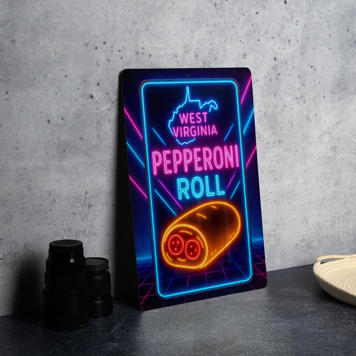 1980s Neon West Virginia Pepperoni Roll Metal Sign – Retro Cosmic Grid, Hot Pink & Blue Wall Decor, Vintage Diner Art — photo 2