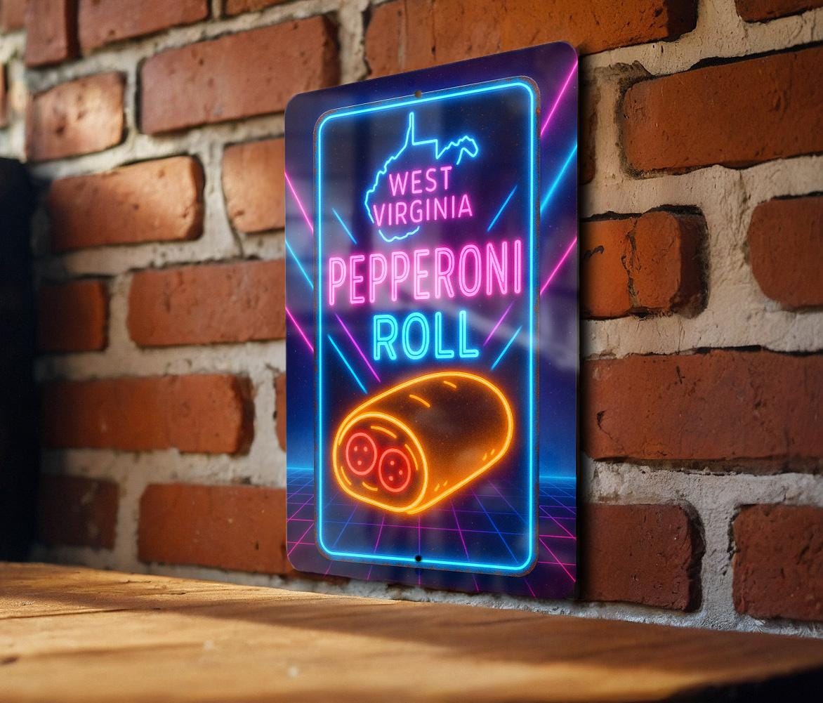 1980s Neon West Virginia Pepperoni Roll Metal Sign – Retro Cosmic Grid, Hot Pink & Blue Wall Decor, Vintage Diner Art — photo 3