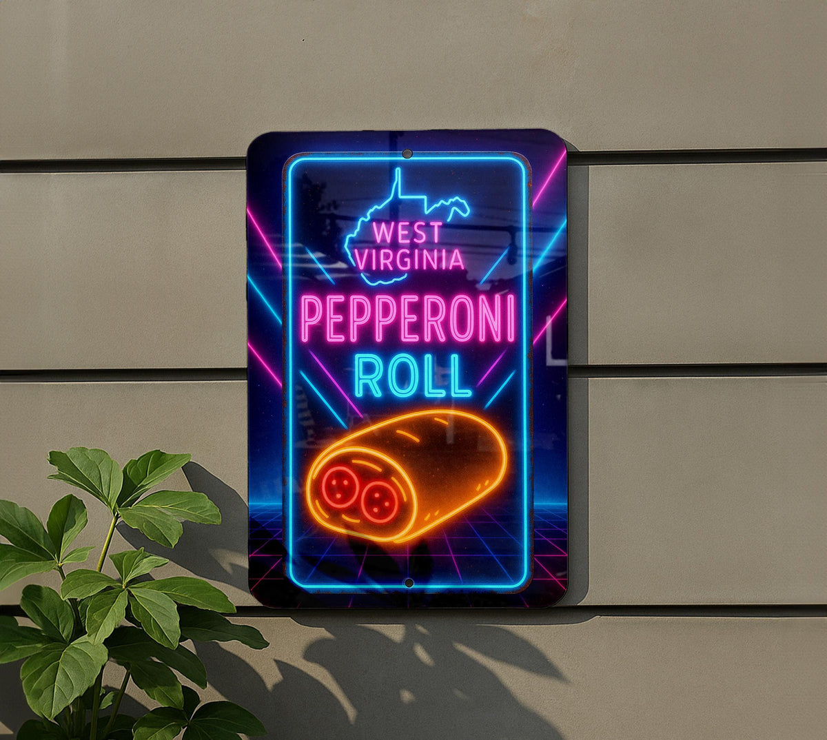 1980s Neon West Virginia Pepperoni Roll Metal Sign – Retro Cosmic Grid, Hot Pink & Blue Wall Decor, Vintage Diner Art — photo 5