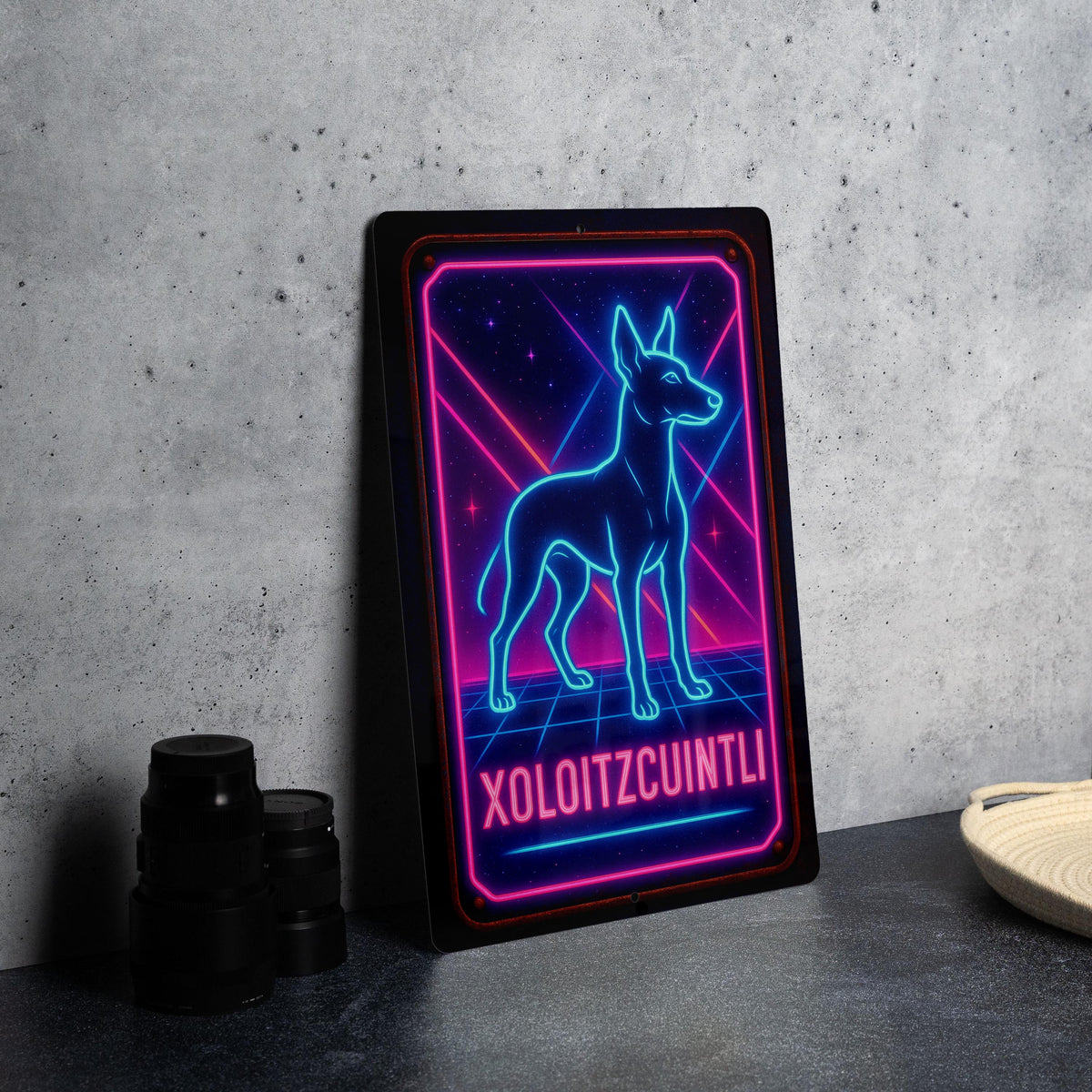1980s Neon Xoloitzcuintli Metal Sign – Retro Dog Wall Art, Cosmic Grid, Hot Pink & Electric Blue Tin, Vintage Decor — photo 2
