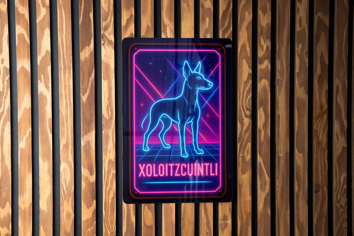 1980s Neon Xoloitzcuintli Metal Sign – Retro Dog Wall Art, Cosmic Grid, Hot Pink & Electric Blue Tin, Vintage Decor — photo 3