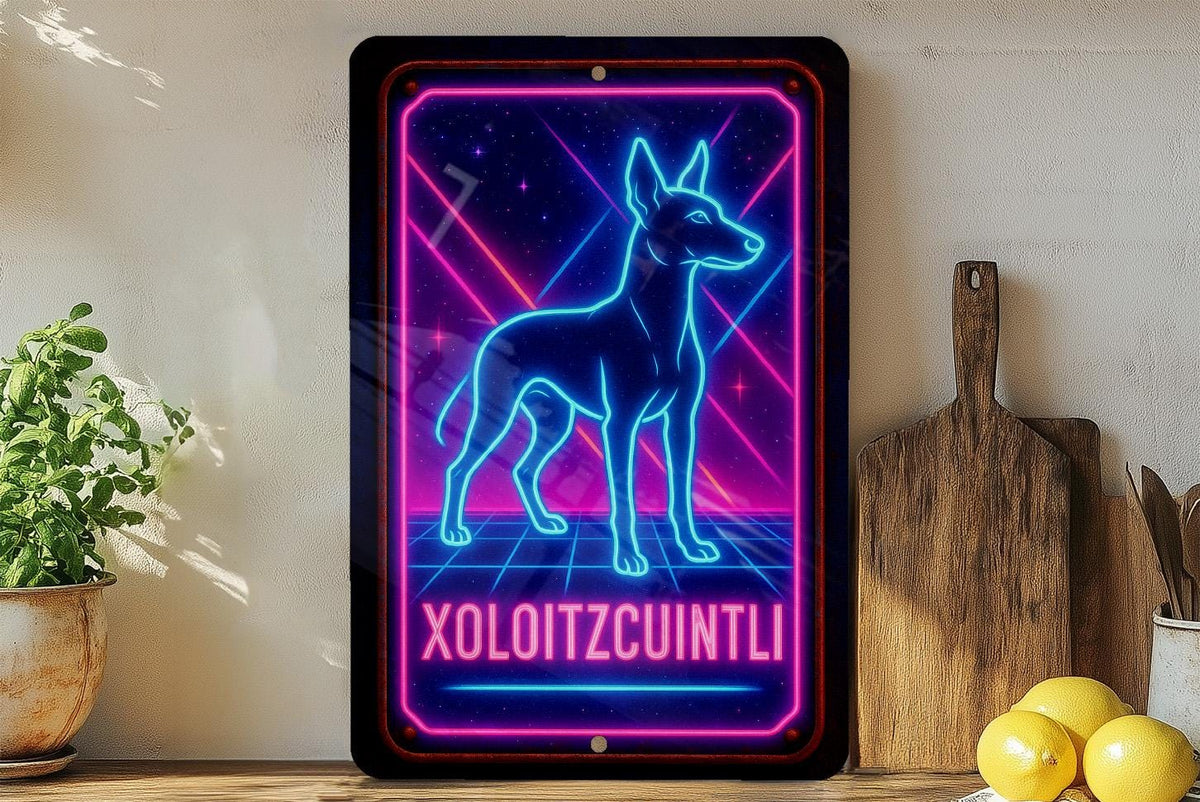1980s Neon Xoloitzcuintli Metal Sign – Retro Dog Wall Art, Cosmic Grid, Hot Pink & Electric Blue Tin, Vintage Decor — photo 4