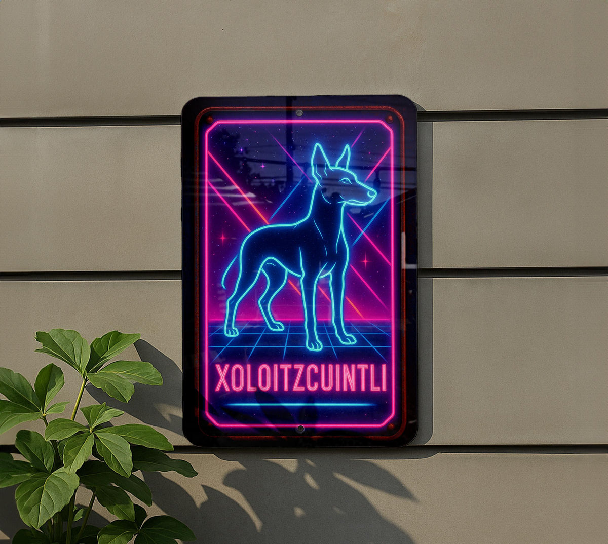 1980s Neon Xoloitzcuintli Metal Sign – Retro Dog Wall Art, Cosmic Grid, Hot Pink & Electric Blue Tin, Vintage Decor — photo 5