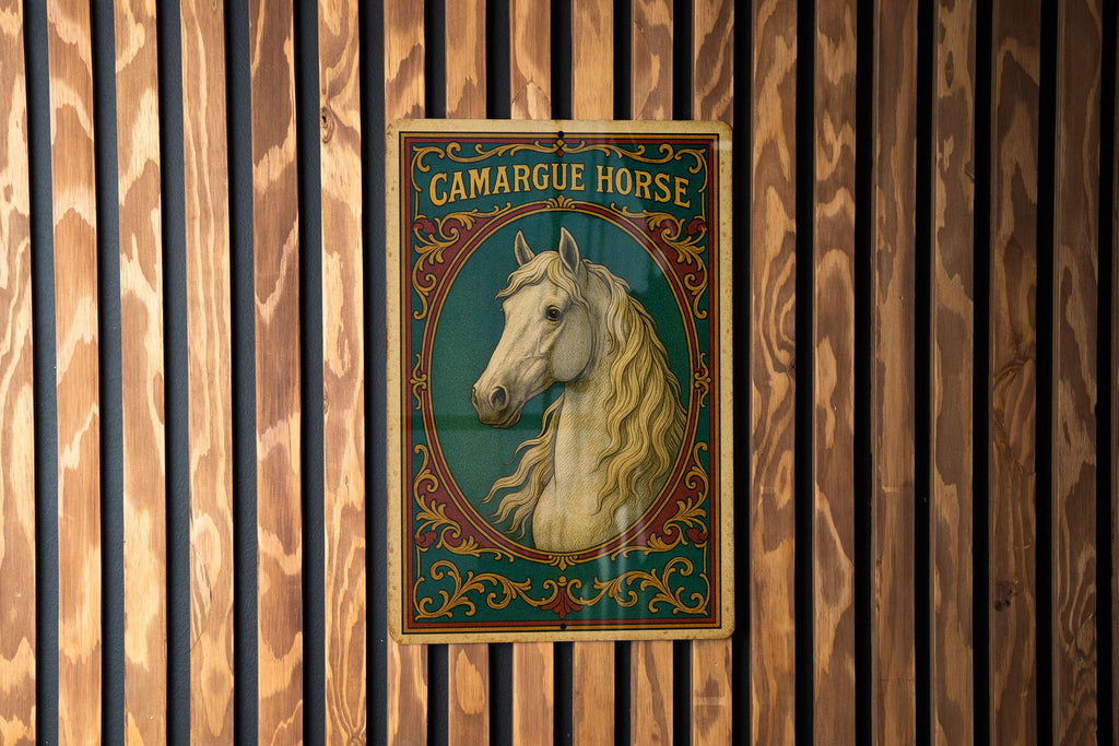 Victorian Camargue Horse Metal Sign – Chromolithograph Style, Ornate Vintage Tin Wall Art, Jewel Tones, Aged Antique Decor — photo 2
