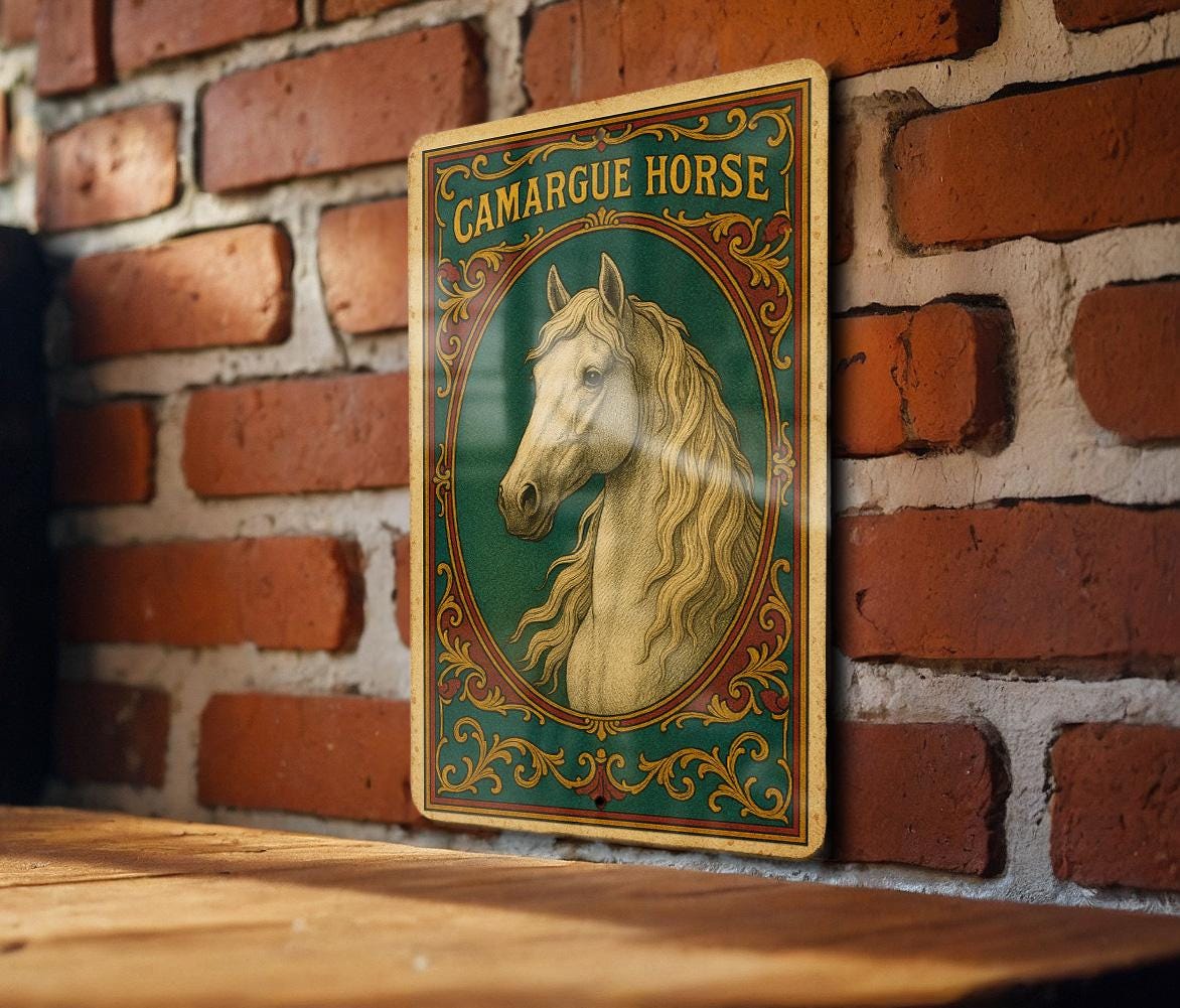 Victorian Camargue Horse Metal Sign – Chromolithograph Style, Ornate Vintage Tin Wall Art, Jewel Tones, Aged Antique Decor — photo 3