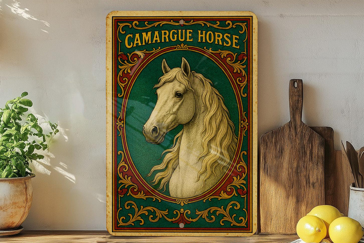 Victorian Camargue Horse Metal Sign – Chromolithograph Style, Ornate Vintage Tin Wall Art, Jewel Tones, Aged Antique Decor — photo 4
