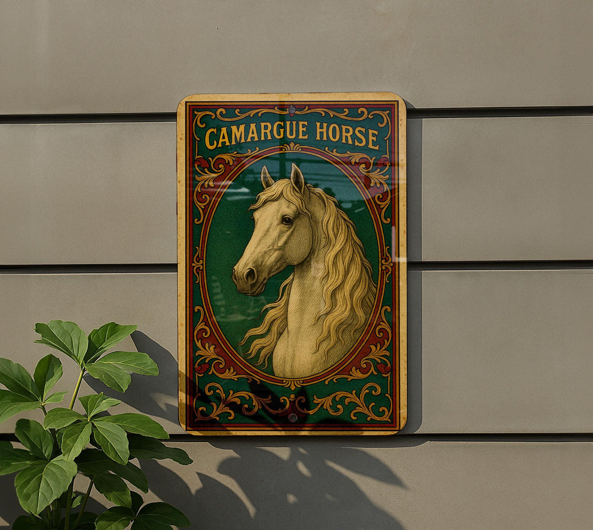 Victorian Camargue Horse Metal Sign – Chromolithograph Style, Ornate Vintage Tin Wall Art, Jewel Tones, Aged Antique Decor — photo 5