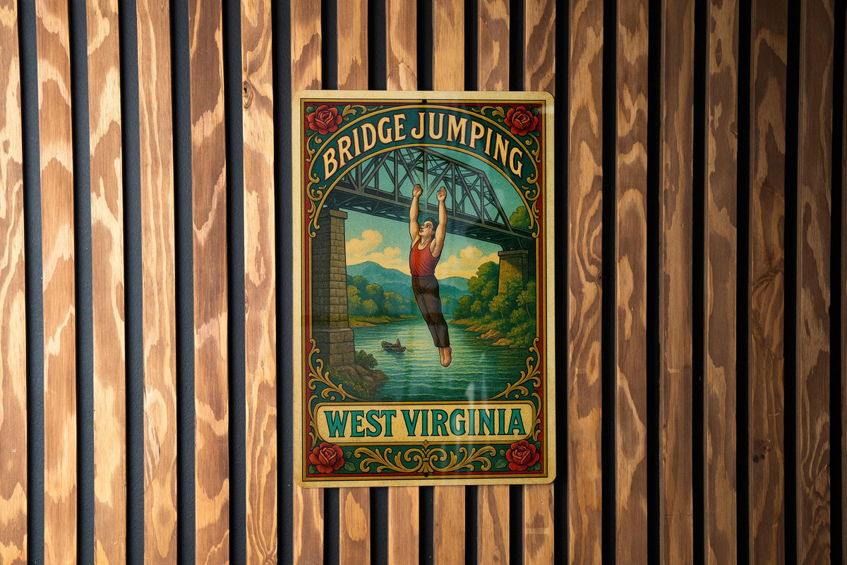 Victorian Bridge Jumping Tin Sign – Vintage West Virginia Art, Chromolithograph Style, Aged Metal Wall Decor, Ornate Antique Print — photo 2
