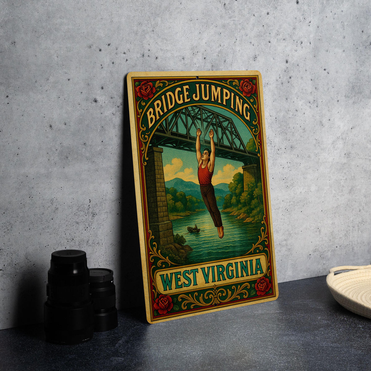 Victorian Bridge Jumping Tin Sign – Vintage West Virginia Art, Chromolithograph Style, Aged Metal Wall Decor, Ornate Antique Print — photo 3