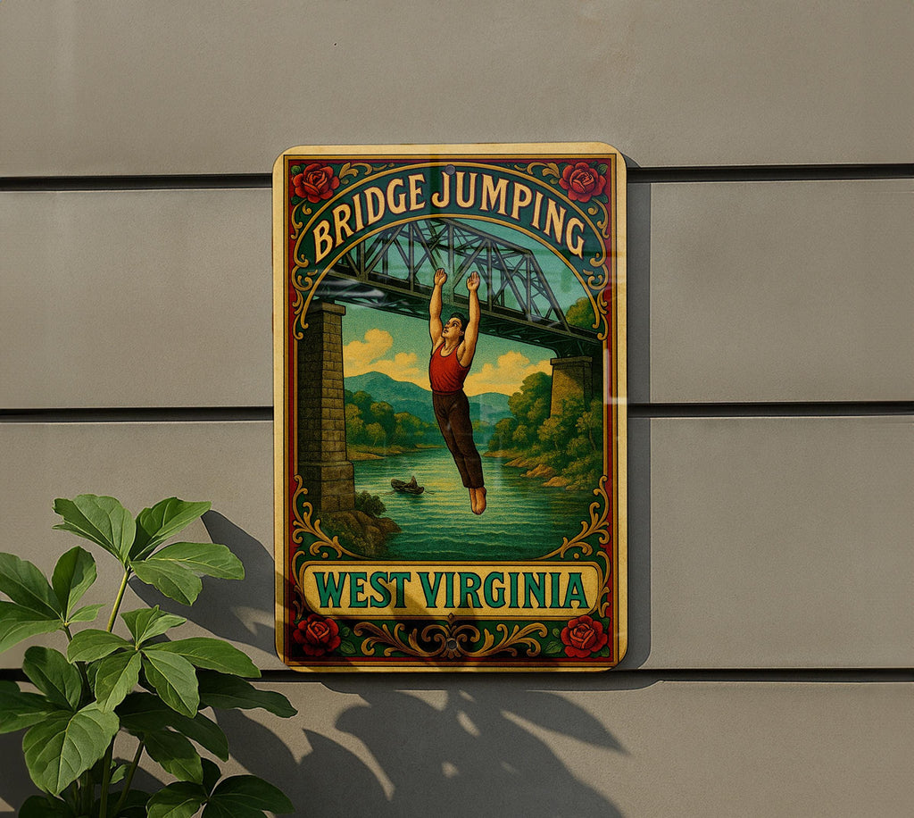 Victorian Bridge Jumping Tin Sign – Vintage West Virginia Art, Chromolithograph Style, Aged Metal Wall Decor, Ornate Antique Print — photo 5