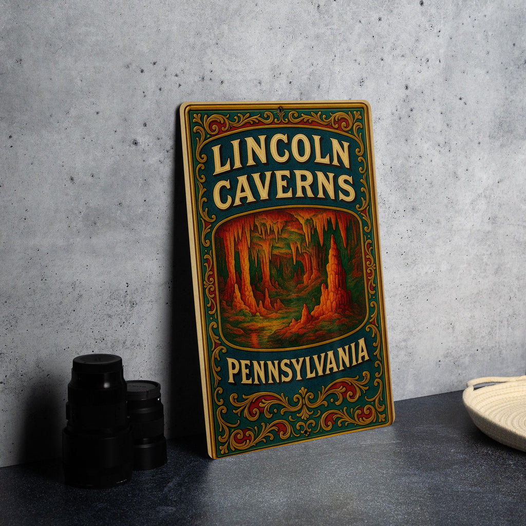 Victorian Lincoln Caverns Tin Sign – Antique Chromolithograph Metal Wall Art, Ornate Vintage Decor, Aged Parchment Look — photo 1