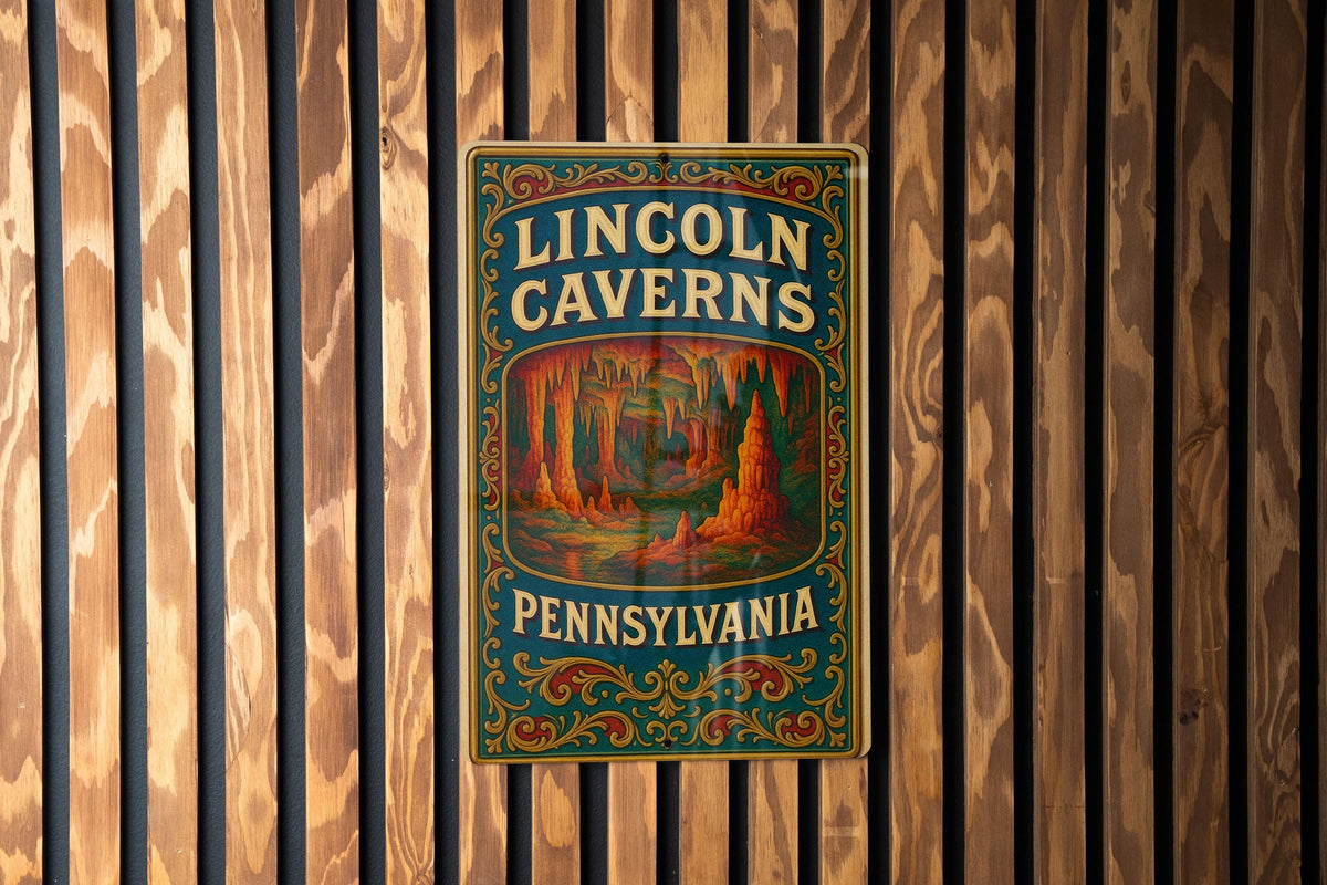 Victorian Lincoln Caverns Tin Sign – Antique Chromolithograph Metal Wall Art, Ornate Vintage Decor, Aged Parchment Look — photo 2