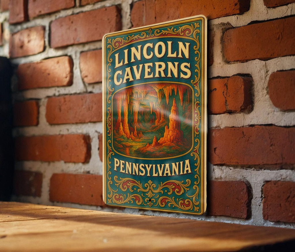 Victorian Lincoln Caverns Tin Sign – Antique Chromolithograph Metal Wall Art, Ornate Vintage Decor, Aged Parchment Look — photo 3