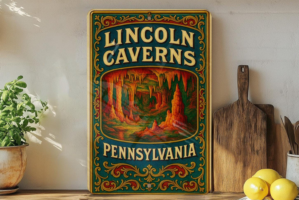 Victorian Lincoln Caverns Tin Sign – Antique Chromolithograph Metal Wall Art, Ornate Vintage Decor, Aged Parchment Look — photo 4