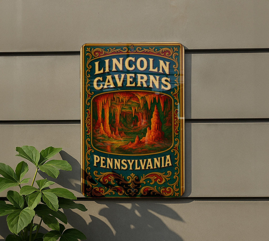 Victorian Lincoln Caverns Tin Sign – Antique Chromolithograph Metal Wall Art, Ornate Vintage Decor, Aged Parchment Look — photo 5
