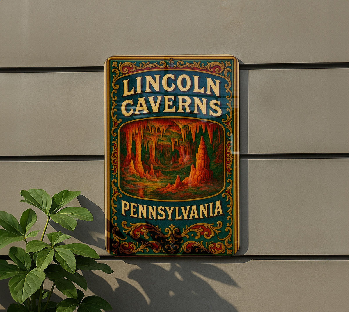 Victorian Lincoln Caverns Tin Sign – Antique Chromolithograph Metal Wall Art, Ornate Vintage Decor, Aged Parchment Look — photo 5