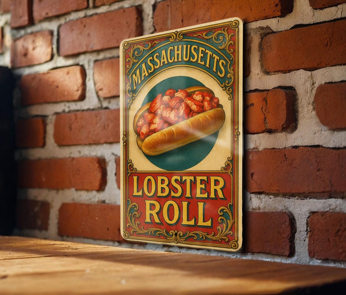 Victorian Lobster Roll Metal Sign – Chromolithograph Style, Antique Tin Wall Art, Vintage Seafood Kitchen Decor, Aged Nautical Plaque — photo 1