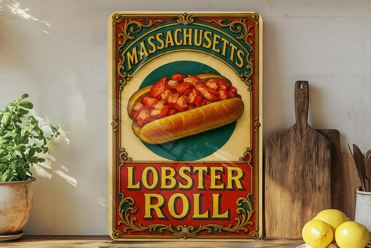 Victorian Lobster Roll Metal Sign – Chromolithograph Style, Antique Tin Wall Art, Vintage Seafood Kitchen Decor, Aged Nautical Plaque — photo 4