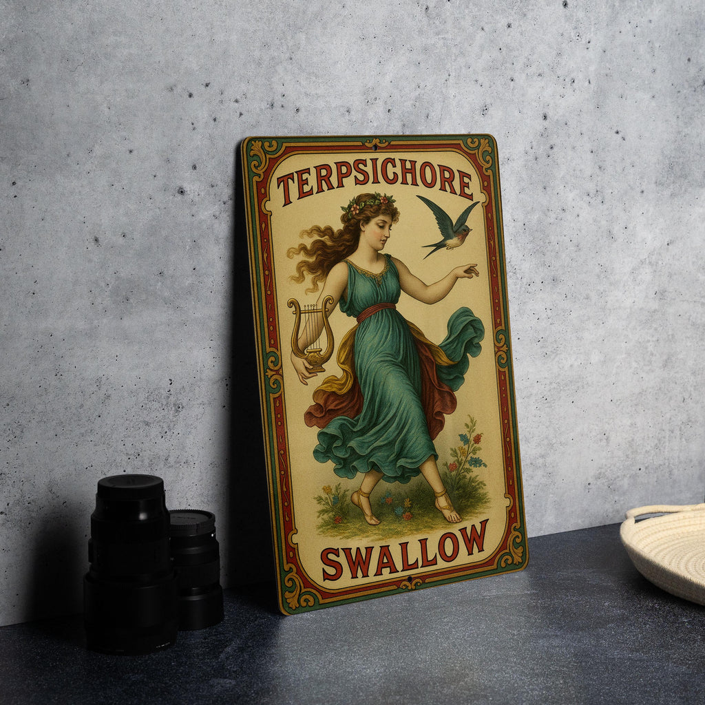 Victorian Terpsichore Swallow Tin Sign – Chromolithograph Style, Ornate Border, Aged Metal Art, Jewel Tones Décor — photo 1