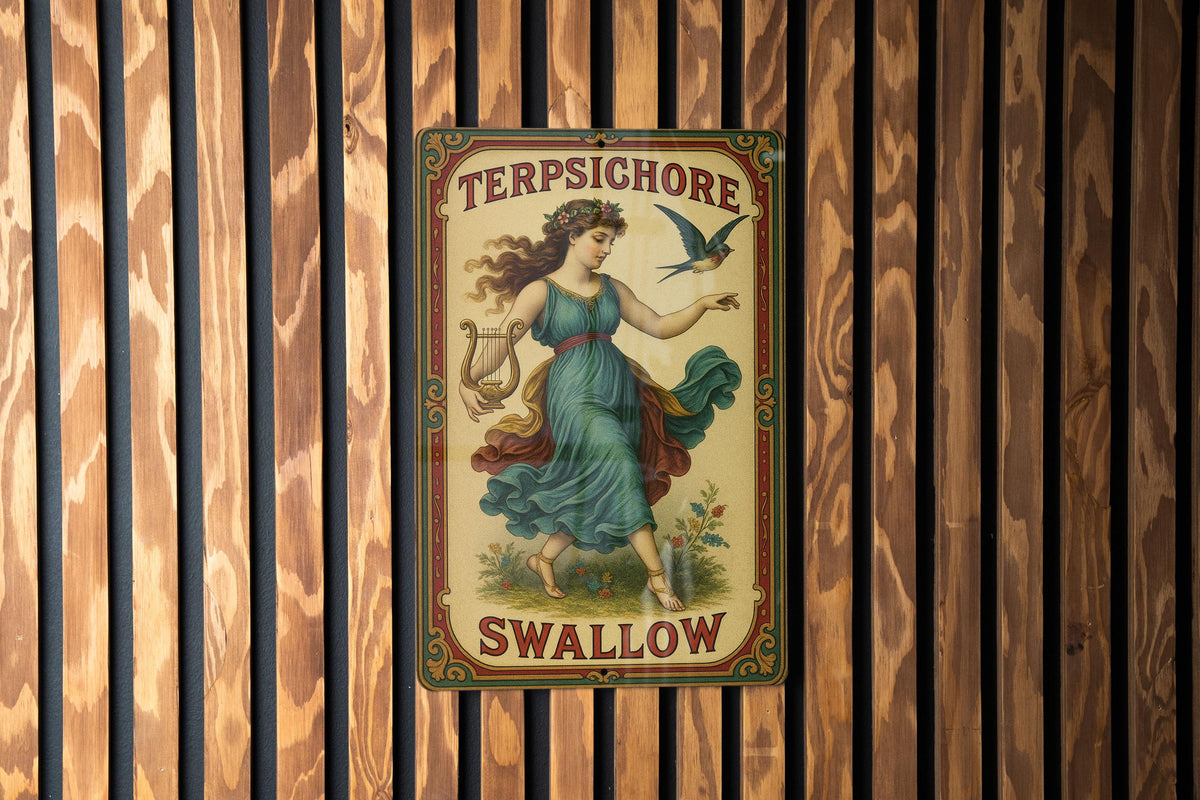 Victorian Terpsichore Swallow Tin Sign – Chromolithograph Style, Ornate Border, Aged Metal Art, Jewel Tones Décor — photo 3