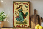 Victorian Terpsichore Swallow Tin Sign – Chromolithograph Style, Ornate Border, Aged Metal Art, Jewel Tones Décor — photo 4