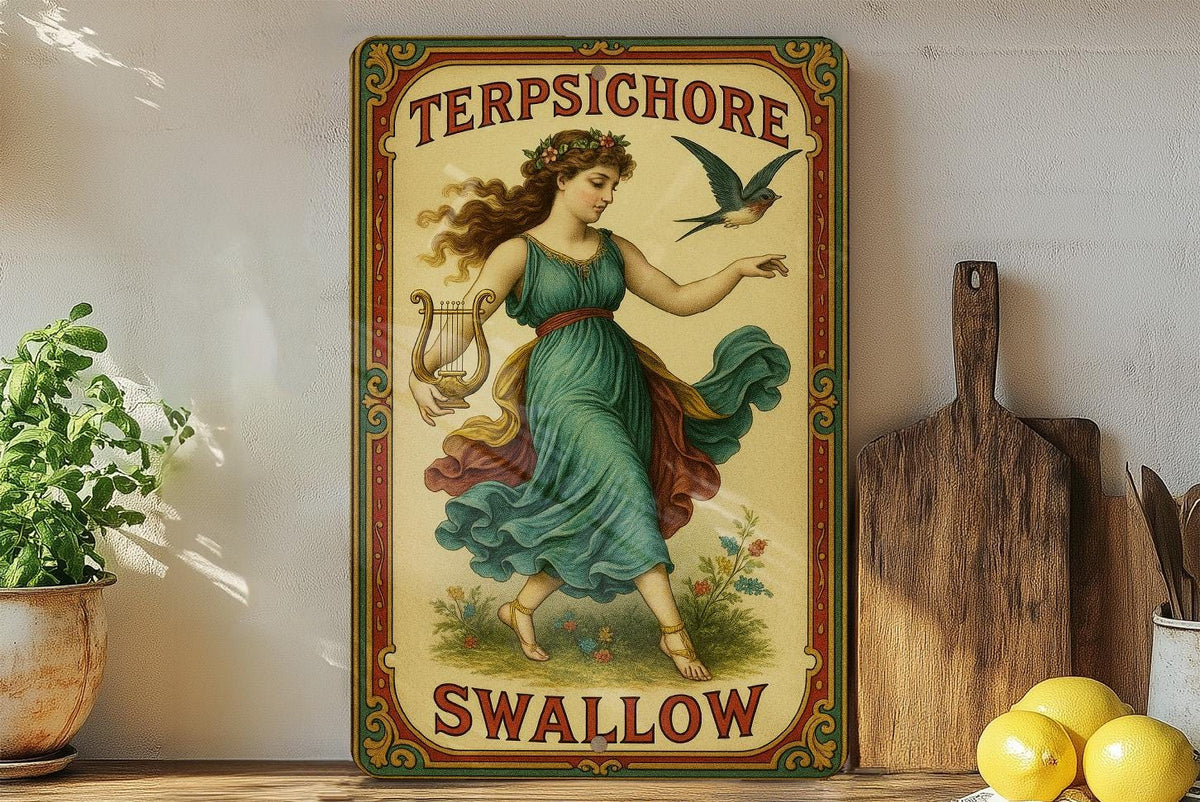 Victorian Terpsichore Swallow Tin Sign – Chromolithograph Style, Ornate Border, Aged Metal Art, Jewel Tones Décor — photo 4