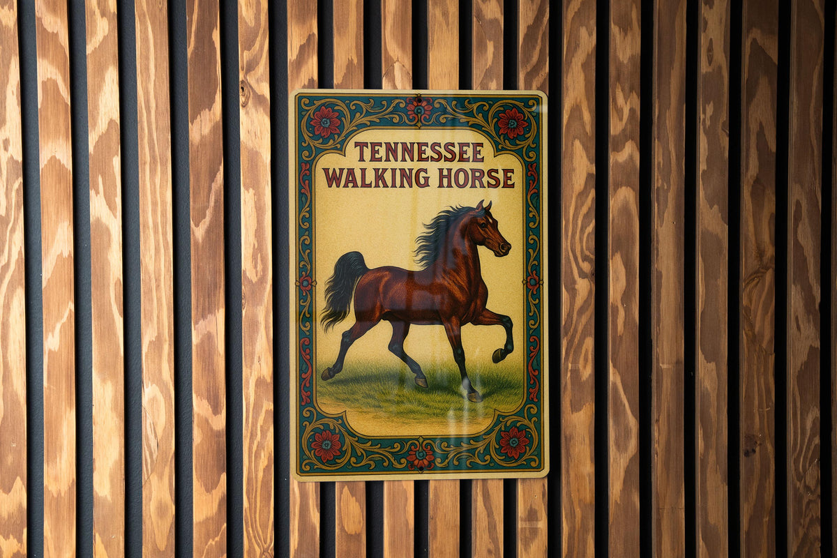 Victorian Tennessee Walking Horse Metal Sign – Antique Chromolithograph Style, Ornate Border, Aged Parchment Look Decor — photo 1