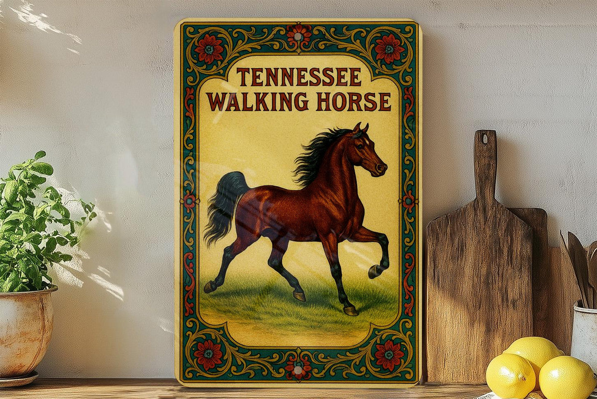 Victorian Tennessee Walking Horse Metal Sign – Antique Chromolithograph Style, Ornate Border, Aged Parchment Look Decor — photo 4