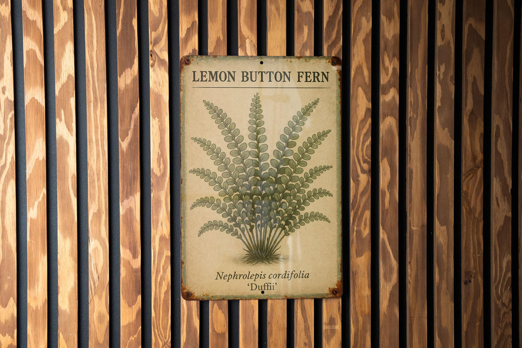 Vintage Lemon Button Fern Botanical Metal Sign – Aged Tin Wall Art with Scientific Labels, Sage & Ochre Nature Decor — photo 1