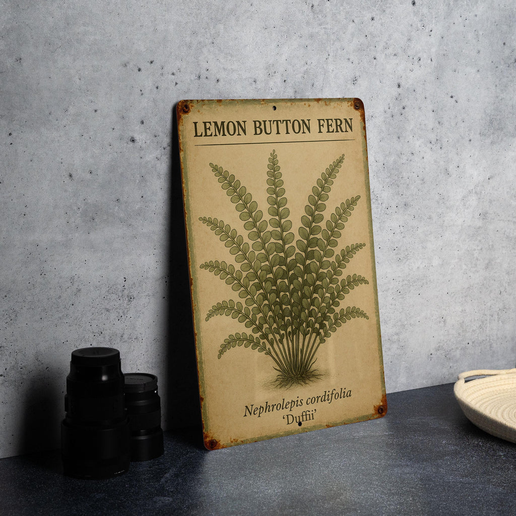 Vintage Lemon Button Fern Botanical Metal Sign – Aged Tin Wall Art with Scientific Labels, Sage & Ochre Nature Decor — photo 2