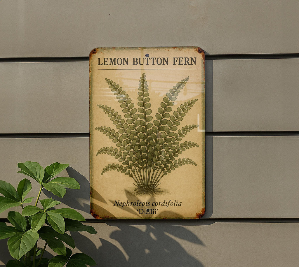 Vintage Lemon Button Fern Botanical Metal Sign – Aged Tin Wall Art with Scientific Labels, Sage & Ochre Nature Decor — photo 5