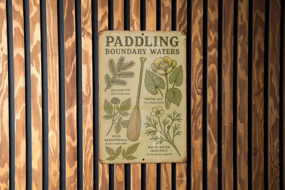 Vintage Boundary Waters Canoe Metal Sign – Botanical Illustration, Rustic Tin Wall Art, Aged Parchment, Nature Decor — photo 1