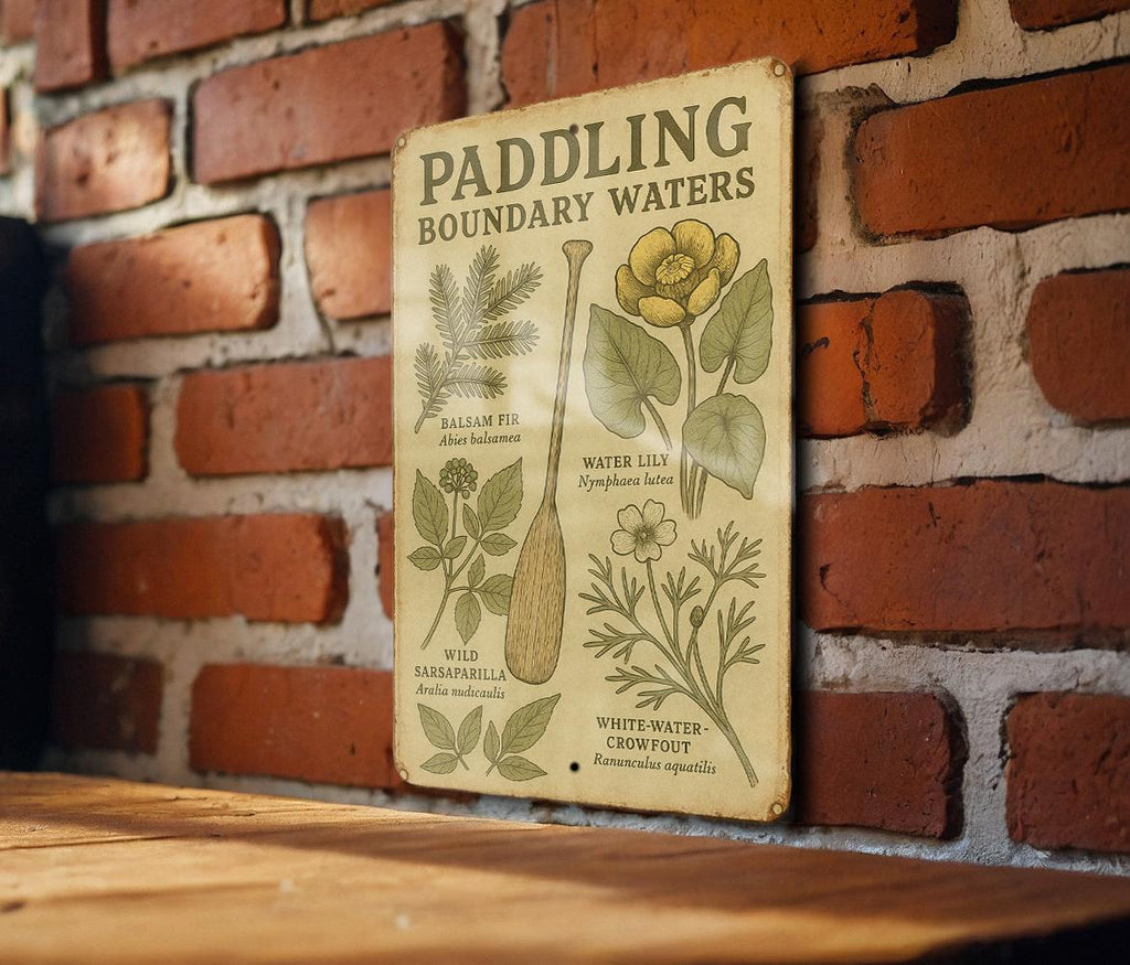 Vintage Boundary Waters Canoe Metal Sign – Botanical Illustration, Rustic Tin Wall Art, Aged Parchment, Nature Decor — photo 2