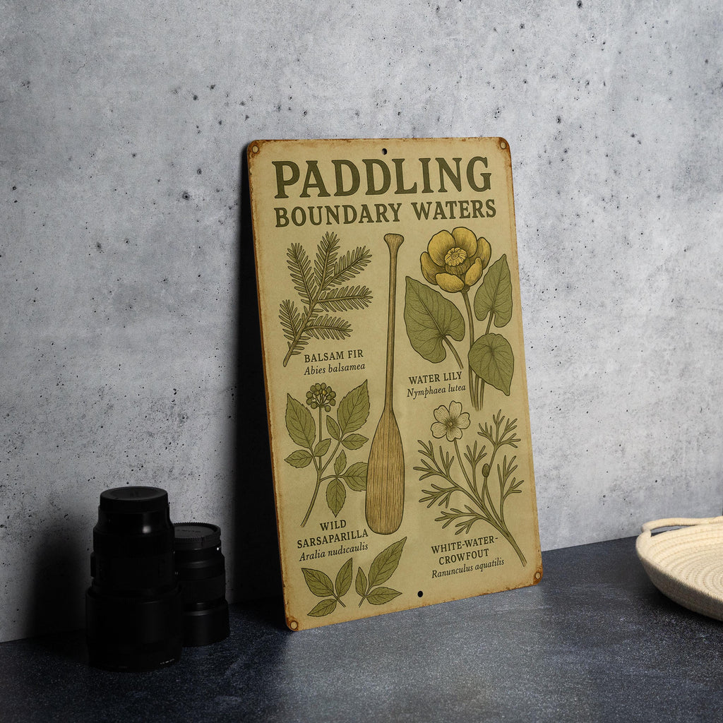 Vintage Boundary Waters Canoe Metal Sign – Botanical Illustration, Rustic Tin Wall Art, Aged Parchment, Nature Decor — photo 3
