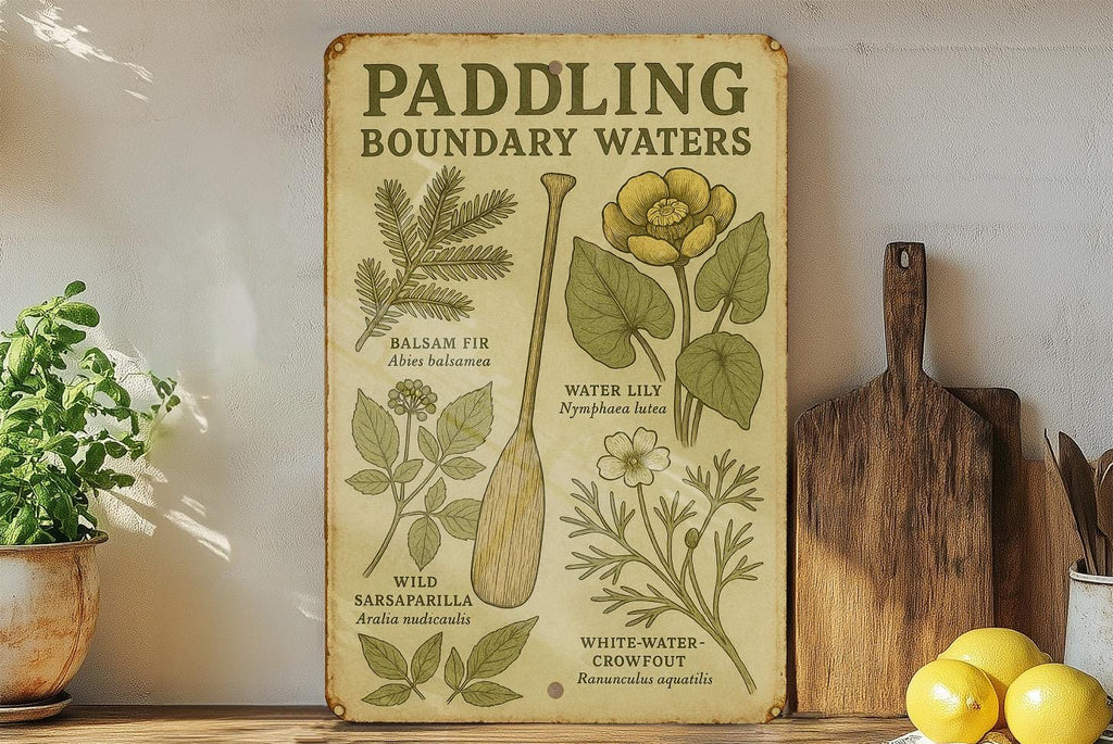 Vintage Boundary Waters Canoe Metal Sign – Botanical Illustration, Rustic Tin Wall Art, Aged Parchment, Nature Decor — photo 4