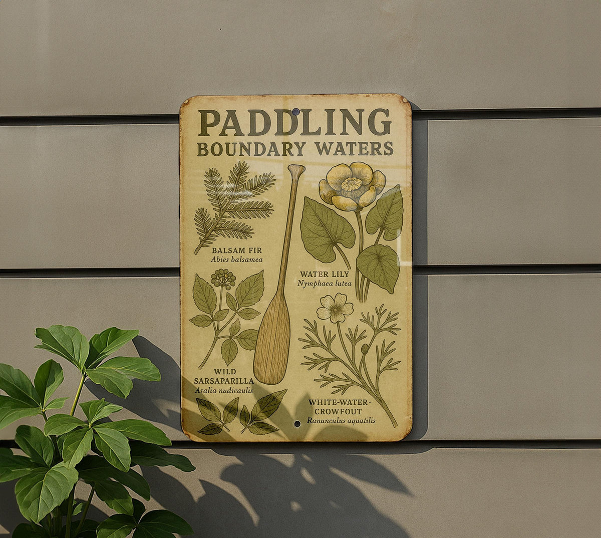 Vintage Boundary Waters Canoe Metal Sign – Botanical Illustration, Rustic Tin Wall Art, Aged Parchment, Nature Decor — photo 5