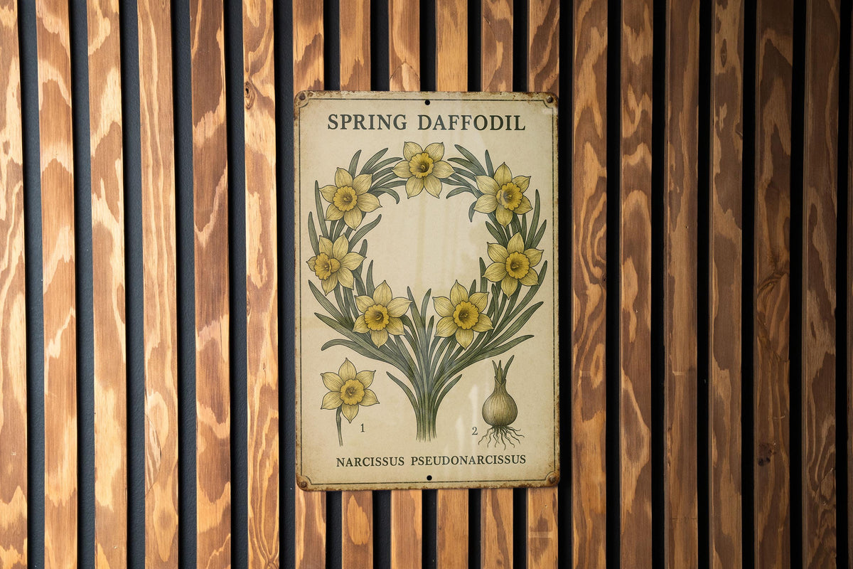 Vintage Daffodil Botanical Metal Sign – Aged Tin Wall Art with Scientific Labels, Sage & Ochre Spring Floral Illustration — photo 2