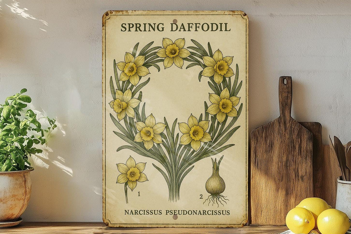 Vintage Daffodil Botanical Metal Sign – Aged Tin Wall Art with Scientific Labels, Sage & Ochre Spring Floral Illustration — photo 4