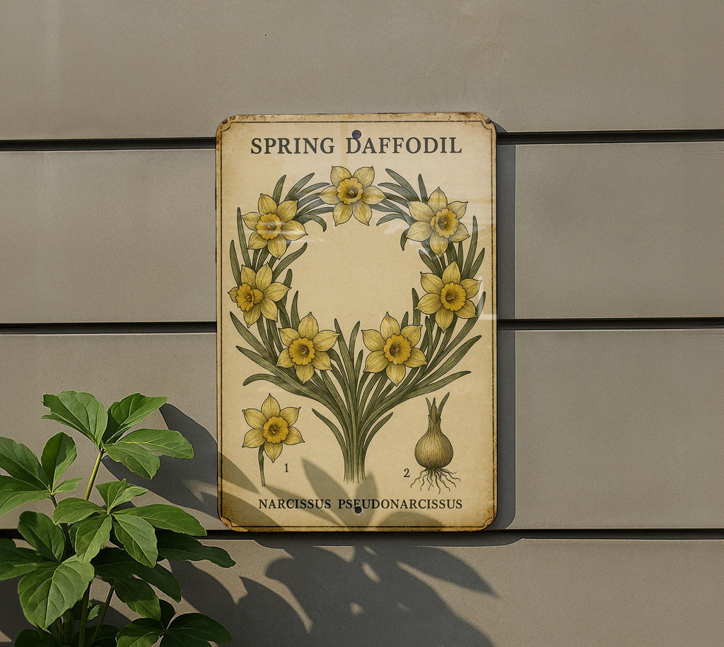 Vintage Daffodil Botanical Metal Sign – Aged Tin Wall Art with Scientific Labels, Sage & Ochre Spring Floral Illustration — photo 5